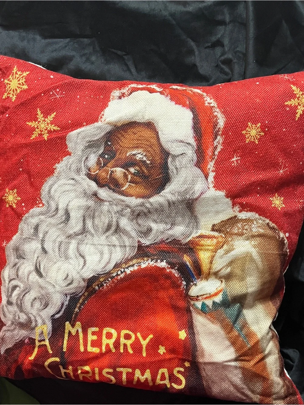 Black Santa Christmas Pillow Cover 17” Red Gold African American Holiday Decor